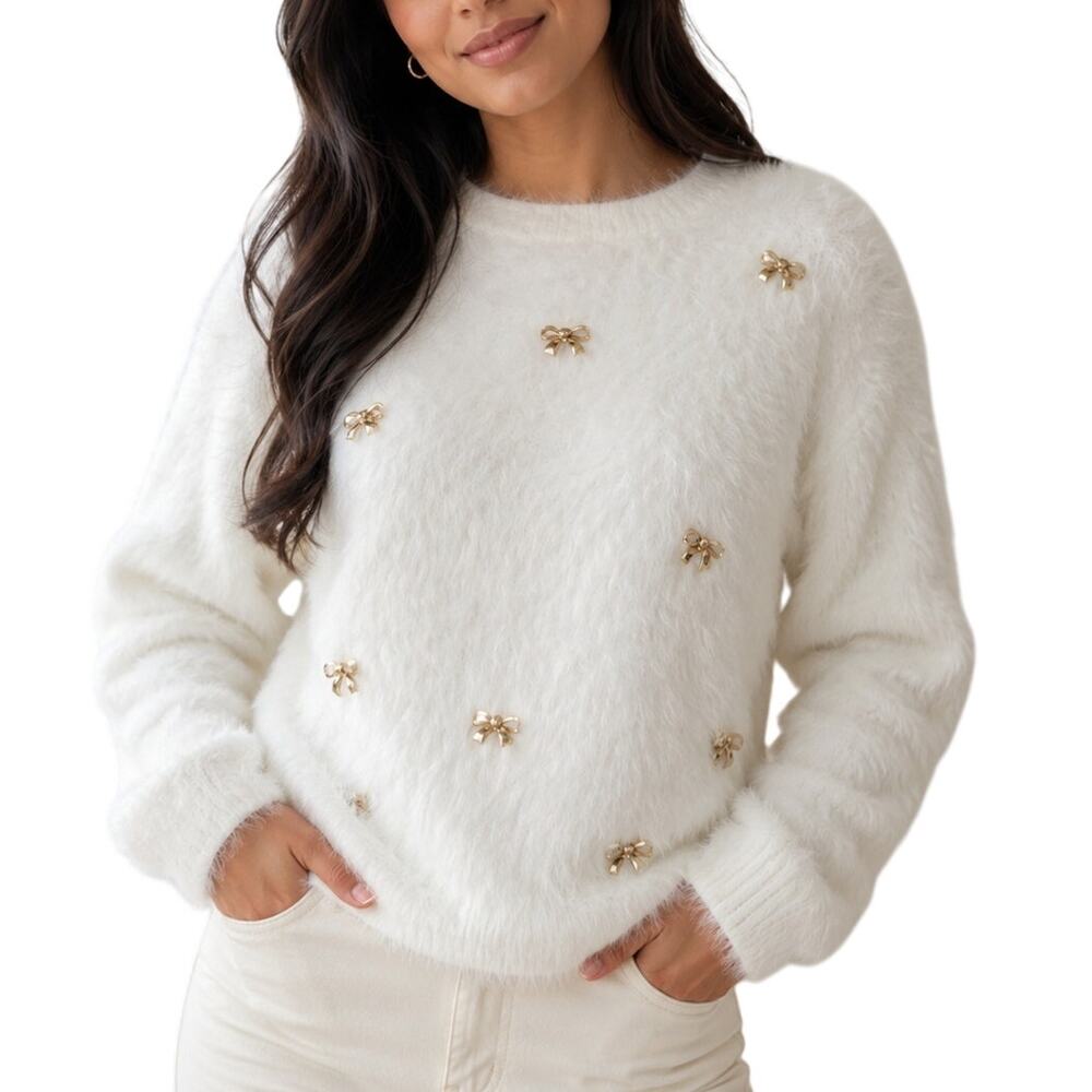 On 12th White Fuzzy Gold Bow Sweater Size Medium NWT Coquette Balletcore